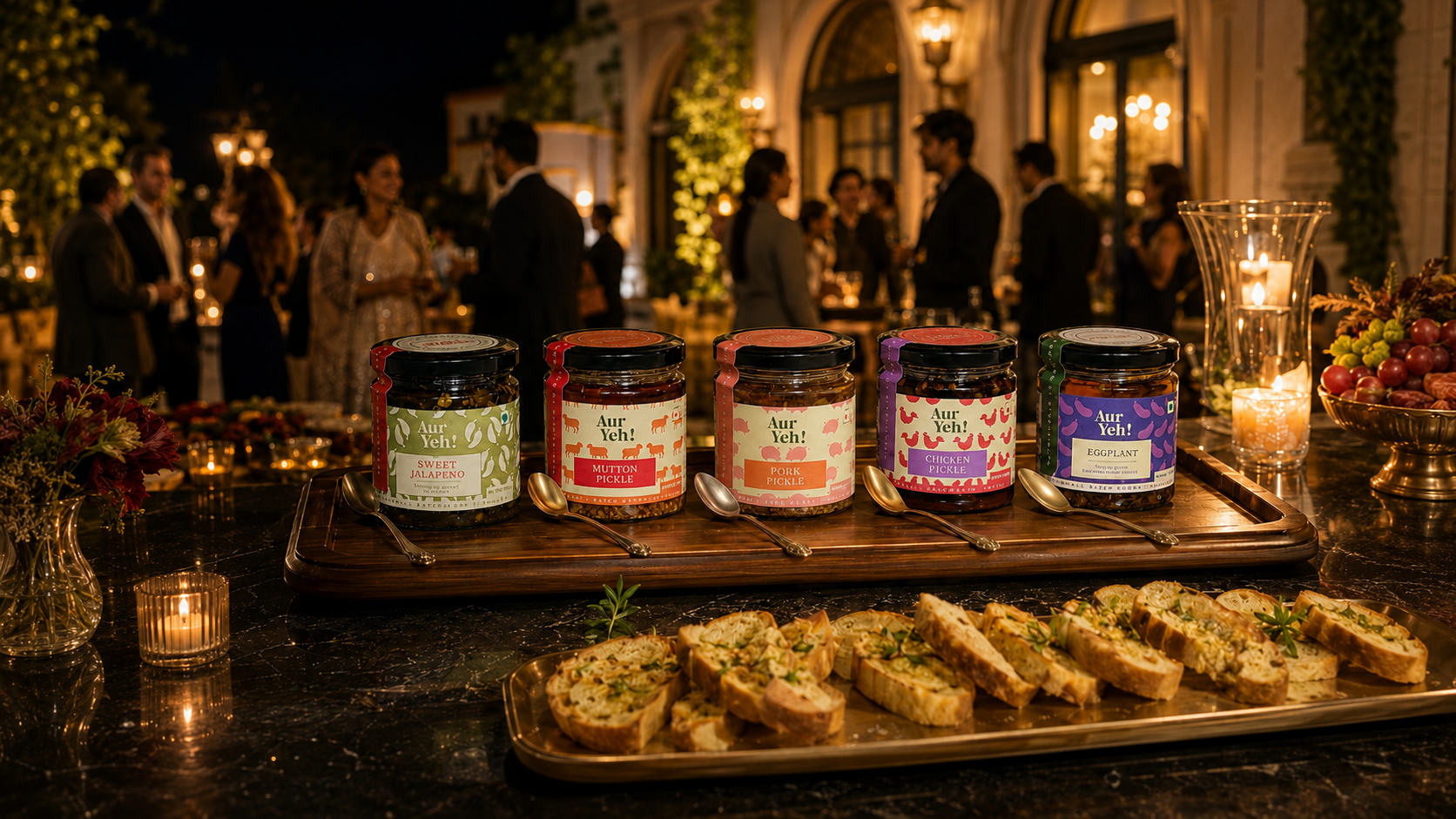 Assorted jars of food on a platter with people in the background at an outdoor event.
